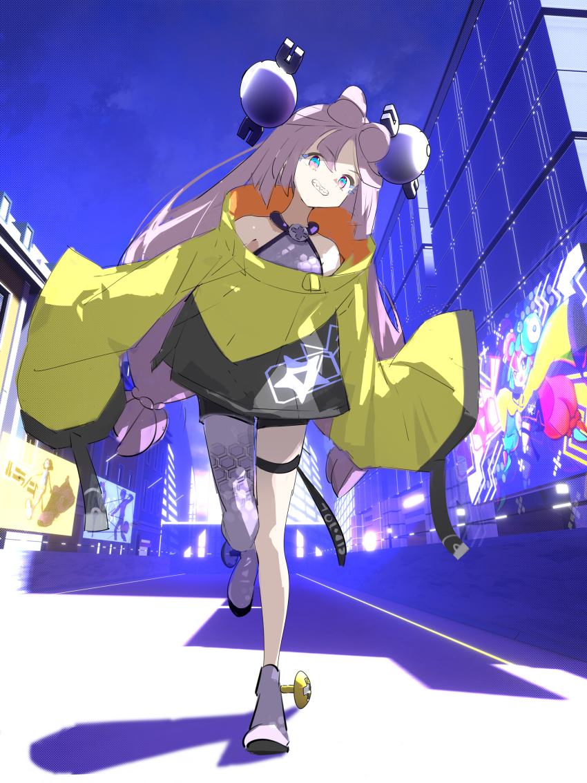 1girl absurdres bow-shaped_hair character_hair_ornament grey_pantyhose gurumaruhana hair_ornament hexagon_print highres iono_(pokemon) jacket long_hair long_sleeves low-tied_long_hair multicolored_hair nintendo oversized_clothes pantyhose pokemon pokemon_sv sharp_teeth single_leg_pantyhose sleeves_past_fingers sleeves_past_wrists solo split-color_hair teeth x yellow_jacket