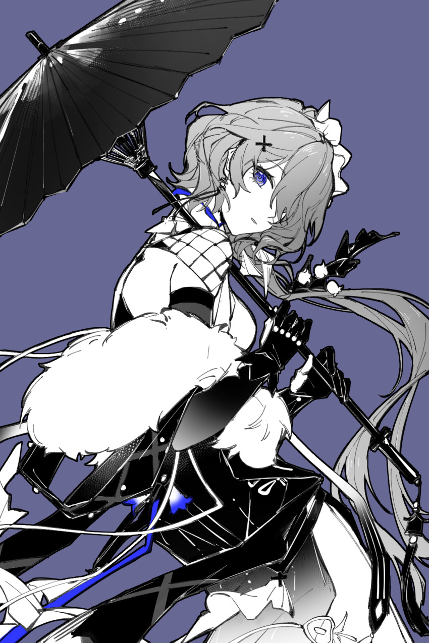 1girl arknights bare_shoulders blue_eyes blue_ribbon chinese_commentary commentary_request dress fur_(clothing) gloves hair_ornament hair_over_one_eye highres holding holding_umbrella long_hair off_shoulder official_alternate_costume oil-paper_umbrella one_eye_covered parasol parted_lips partial_commentary partially_colored piaoliu_ping_ping_ping_pingzi purple_background ribbon simple_background solo umbrella whisperain_(arknights) whisperain_(tremble_cold)_(arknights) x_hair_ornament