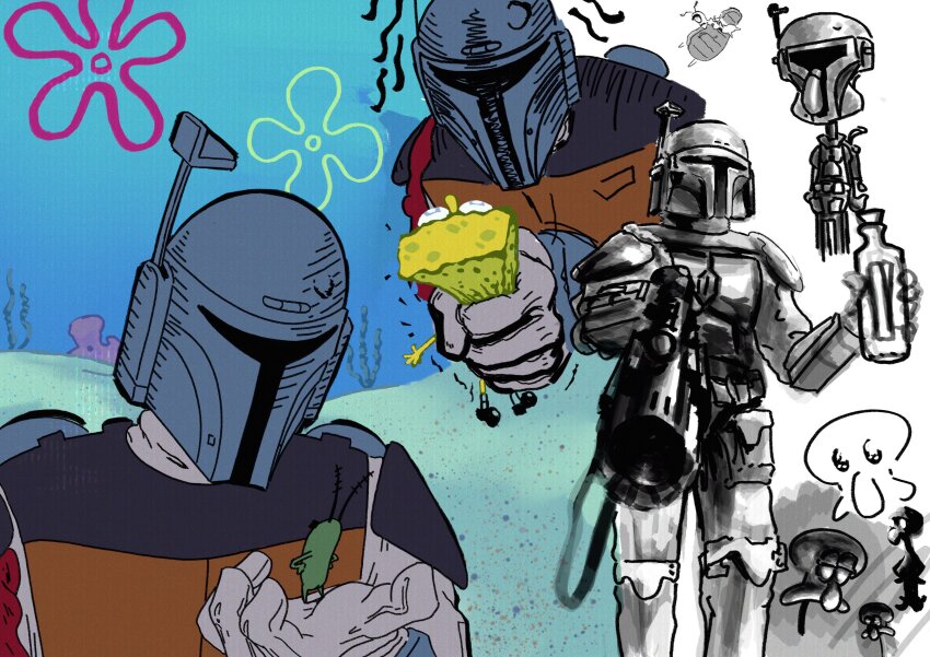4boys absurdres annoyed boba_fett boba_fett_(cosplay) cosplay crossover giant gloves grey_gloves gun helmet highres holding holding_gun holding_weapon jj_rabbid looking_down mandalorian multiple_boys plankton_(spongebob) spongebob_squarepants spongebob_squarepants_(series) squidward_tentacles star_wars the_star_wars_holiday_special underwater weapon