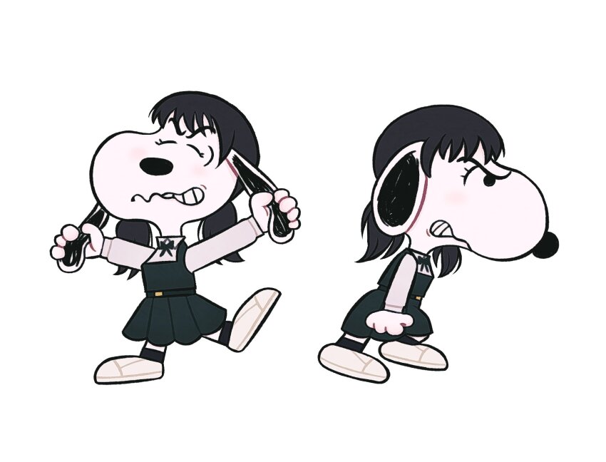 angry black_dress black_hair bubblemunne chainsaw_man charles_schulz_(style) clenched_hands cosplay dog dress highres long_sleeves mitaka_asa mitaka_asa_(cosplay) multiple_views no_humans peanuts_(comic) pinafore_dress shirt simple_background sleeveless sleeveless_dress snoopy white_background white_footwear white_shirt