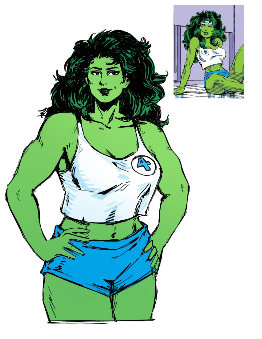 1girl absurdres blue_shorts colored_skin green_hair green_skin hands_on_own_hips highres marvel navel reference_inset she-hulk short_shorts shorts simple_background tank_top viviannecore white_background white_tank_top