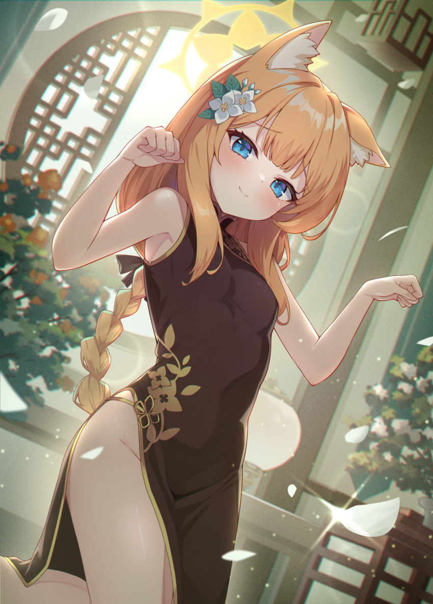 1girl alternate_costume animal_ear_fluff animal_ears black_dress blue_archive blue_eyes china_dress chinese_clothes commentary dress flower hair_flower hair_ornament halo highres long_hair looking_at_viewer mari_(blue_archive) orange_hair shinori_(efvbji6264) smile solo yellow_halo