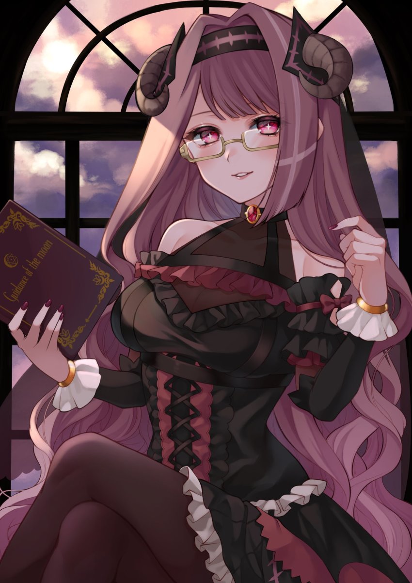 1girl black_legwear blush book breasts demon_girl demon_horns dress glasses highres horns indie_virtual_youtuber kuromiya_lucien long_hair pale_skin pink_eyes purple_hair solo toramaru_(toramal9831) virtual_youtuber