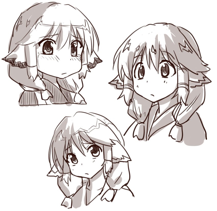 1girl animal_ears aquaplus aruruu closed_mouth crying crying_with_eyes_open greyscale hair_between_eyes hair_over_shoulder head_tilt highres looking_at_viewer low_twintails medium_hair monochrome multiple_views nike_abc pout raised_eyebrows sidelocks sketch teardrop tears twintails upper_body utawarerumono wide-eyed