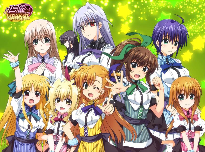 6+girls ahoge alicia_testarossa blonde_hair blue_hair bow brown_hair cosplay fuka_reventon green_background grey_hair highres in-franchise_crossover ixveria kawakami_shuuichi lily-strosek lyrical_nanoha lyrical_store mahou_senki_lyrical_nanoha_force mahou_shoujo_lyrical_nanoha mahou_shoujo_lyrical_nanoha_a&#039;s mahou_shoujo_lyrical_nanoha_a&#039;s_portable:_the_gears_of_destiny mahou_shoujo_lyrical_nanoha_innocent mahou_shoujo_lyrical_nanoha_strikers mahou_shoujo_lyrical_nanoha_vivid multiple_girls orange_hair presea_testarossa reinforce scrunchie short_sleeves smile striped_clothes subaru_nakajima vertical-striped_clothes vivid_strike! vivio waitress wrist_scrunchie yuri_eberwein