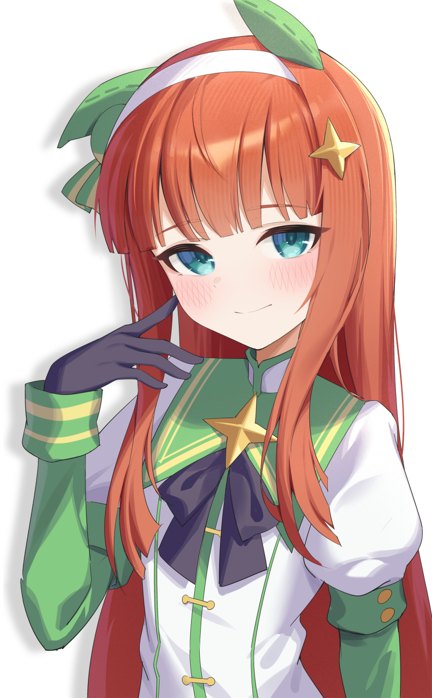 1girl absurdres animal_ears black_gloves blunt_bangs closed_mouth diamond-shaped_brooch diamond_hair_ornament finger_to_cheek gloves green_eyes hairband highres horse_ears horse_girl jei_(user_tckk7448) long_hair long_sleeves looking_at_viewer orange_hair puffy_sleeves shadow shirt sidelocks silence_suzuka_(umamusume) simple_background solo umamusume upper_body very_long_hair white_background white_hairband white_shirt