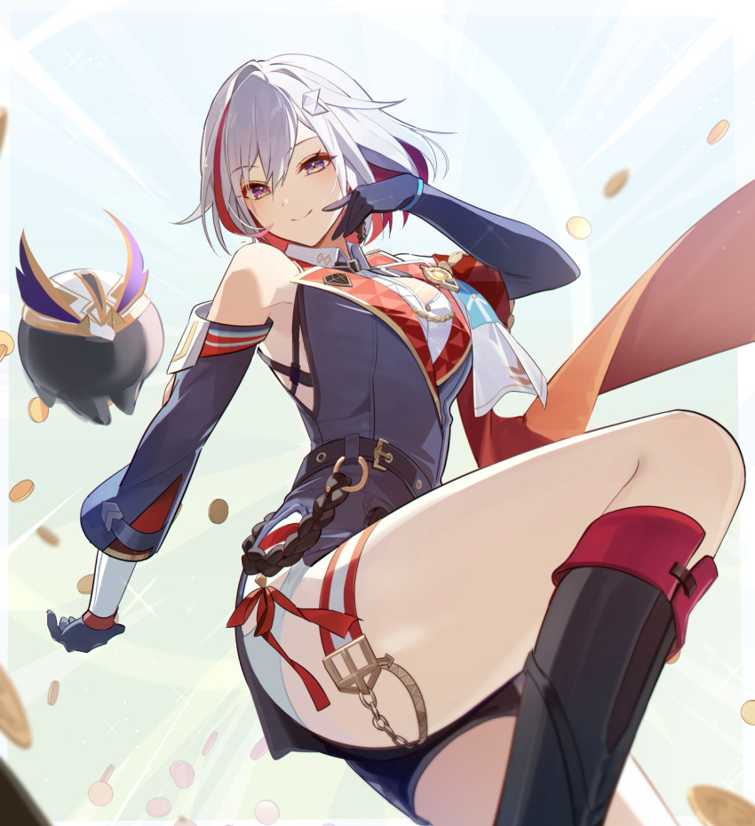1girl bare_shoulders belt black_belt black_boots black_gloves blue_eyes boots closed_mouth colored_inner_hair commentary_request eucha gloves grey_hair hair_between_eyes highres honkai:_star_rail honkai_(series) knee_boots leg_up looking_at_viewer multicolored_hair numby_(honkai:_star_rail) red_hair short_hair smile solo streaked_hair thigh_strap thighs topaz_(honkai:_star_rail) trotter_(honkai:_star_rail)