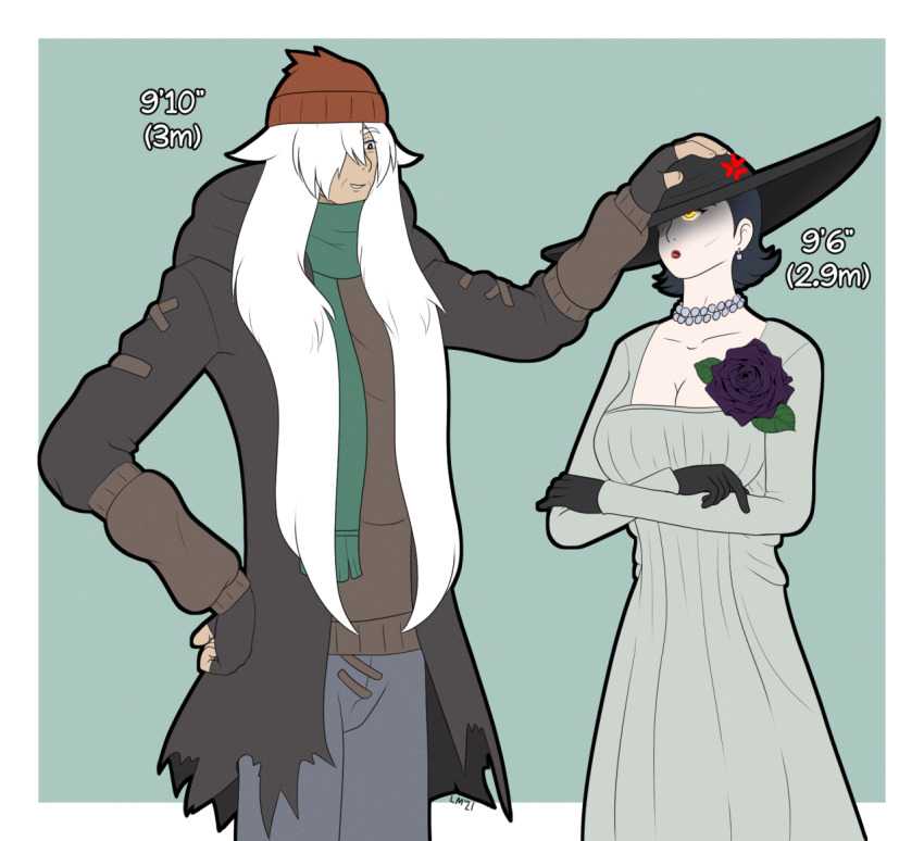 1boy 1girl alcina_dimitrescu anger_vein az_(pokemon) black_hair border breasts cleavage commentary crossover dress english_commentary flower gloves green_background hair_over_one_eye hat height_difference jacket jewelry latiro long_hair long_sleeves necklace nintendo orange_hat original pants pearl_necklace pokemon pokemon_xy purple_flower purple_rose resident_evil resident_evil_(movie) resident_evil_village rose scarf short_hair signature simple_background standing white_border white_hair yellow_eyes