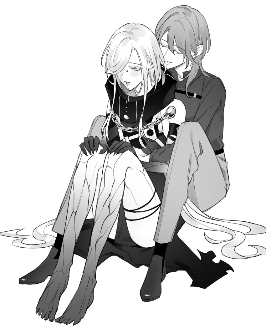 2girls bare_legs bare_shoulders barefoot belt_buckle buckle chain chest_belt chief_(path_to_nowhere) closed_eyes collared_shirt cracked_skin detached_hood diamond_earrings dress dress_pants dress_shoes earrings eyelashes female_chief_(path_to_nowhere) full_body gradient_skin greyscale hair_between_eyes hair_over_one_eye hair_spread_out half-closed_eyes hands_on_own_knees highres hood hood_down hug hug_from_behind jewelry knees_up lip_piercing lipstick long_dress long_hair long_sleeves looking_ahead makeup monochrome multiple_girls no_coat nox_(path_to_nowhere) parted_lips path_to_nowhere pelvic_curtain piercing sad shirt sidelocks simple_background sitting sleeveless sleeveless_dress smile socks straight_hair swept_bangs toho10min torn_clothes torn_dress very_long_hair white_background yuri