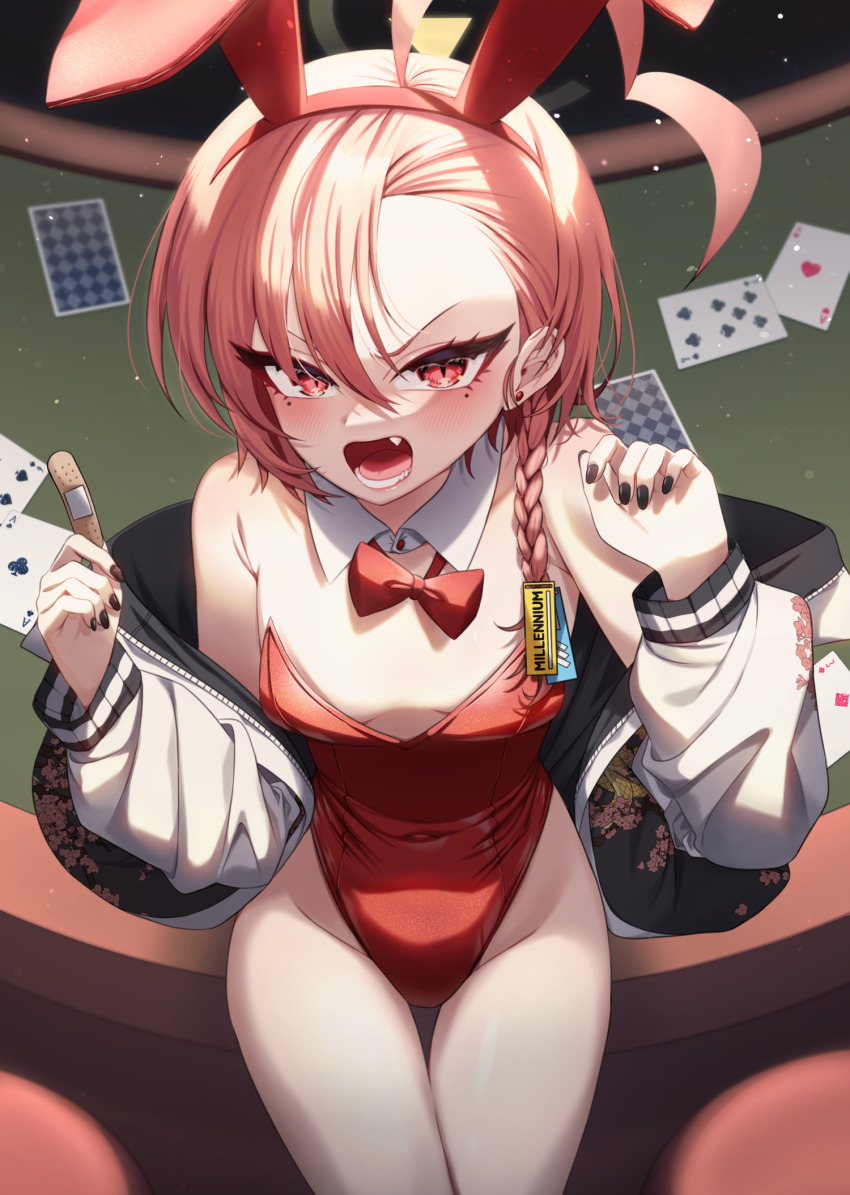 1girl ace_(playing_card) ace_of_clubs ace_of_hearts ahoge animal_ears asymmetrical_hair black_nails blue_archive bow bowtie braid card club_(shape) covered_navel cowboy_shot decora_(decopining) detached_collar fang four_of_spades from_above halo heart highres huge_ahoge jacket leotard looking_at_viewer lower_teeth_only mole mole_under_each_eye mole_under_eye multiple_moles nail_polish neru_(blue_archive) neru_(bunny)_(blue_archive) orange_hair playboy_bunny playing_card rabbit_ears red_bow red_bowtie red_eyes red_leotard seven_of_clubs single_braid sitting strapless strapless_leotard sukajan table teeth