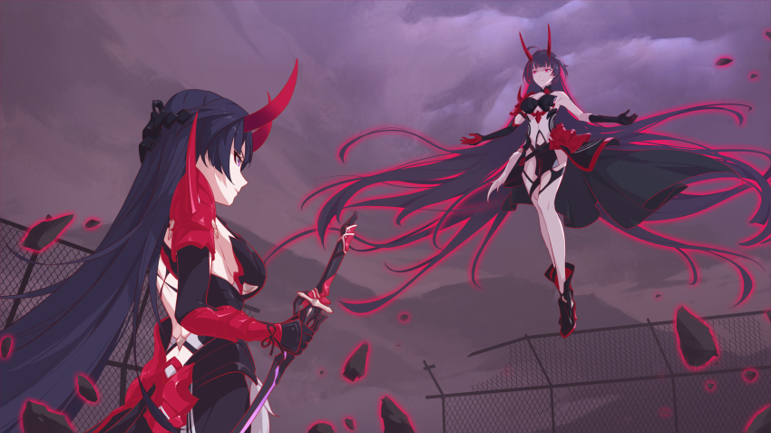 2girls absurdres black_gloves black_hair breasts chinese_commentary commentary_request debris dual_persona floating gloves high_heels highres holding holding_sword holding_weapon honkai_(series) honkai_impact_3rd horns large_breasts long_hair looking_at_another multiple_girls night night_sky purple_eyes purple_hair raiden_mei raiden_mei_(herrscher_of_thunder) red_horns sky sword very_long_hair via_shinan weapon
