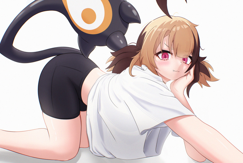 absurdres arched_back belly blonde_hair brown_hair fang gigi_murin highres hololive hololive_english non-web_source orbsu pink_eyes shirt tail thighs virtual_youtuber