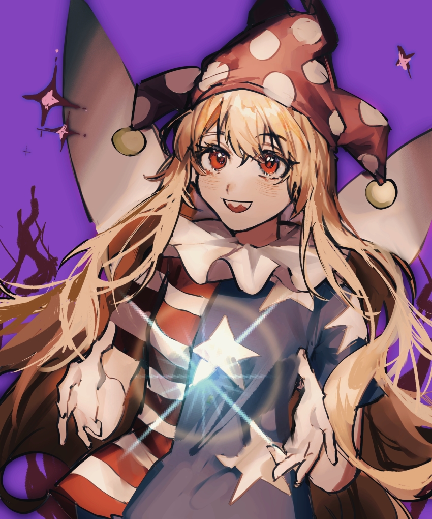 1girl absurdres american_flag_dress blonde_hair blush clownpiece dress fairy fairy_wings hair_between_eyes hat heinrich_(fernanderuddle) highres jester_cap long_hair open_mouth polka_dot polka_dot_headwear purple_background purple_hat red_eyes short_sleeves simple_background smile solo star_(symbol) star_print striped_clothes striped_dress touhou upper_body wings