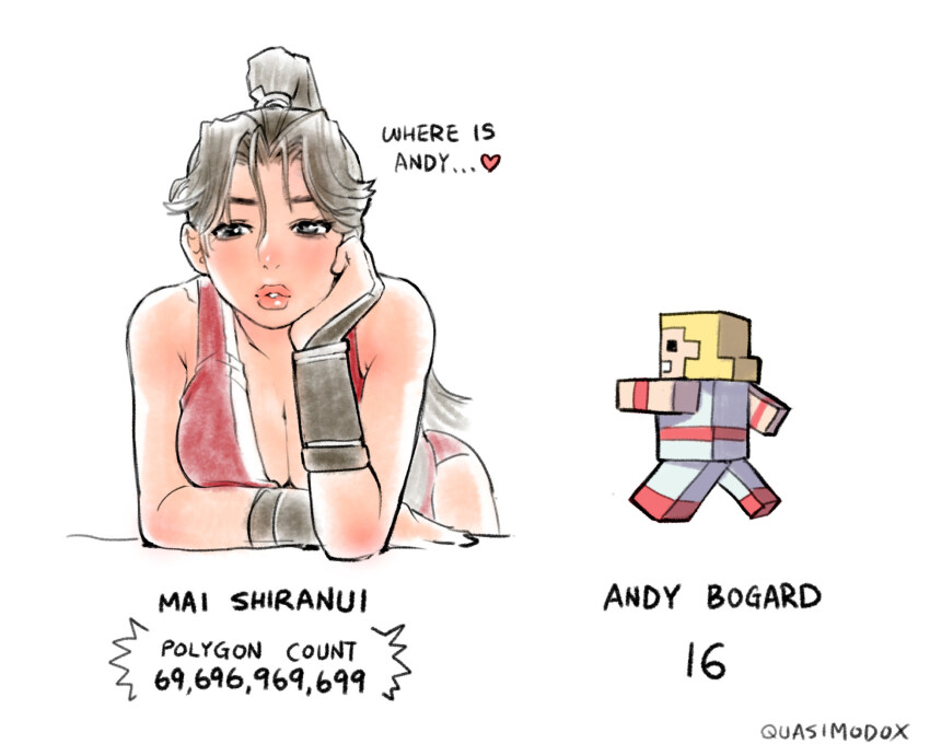 1boy 1girl andy_bogard artist_name blonde_hair breasts brown_eyes brown_hair cleavage commentary english_commentary english_text fatal_fury heart highres long_hair ponytail quasimodox shiranui_mai snk the_king_of_fighters wrist_guards