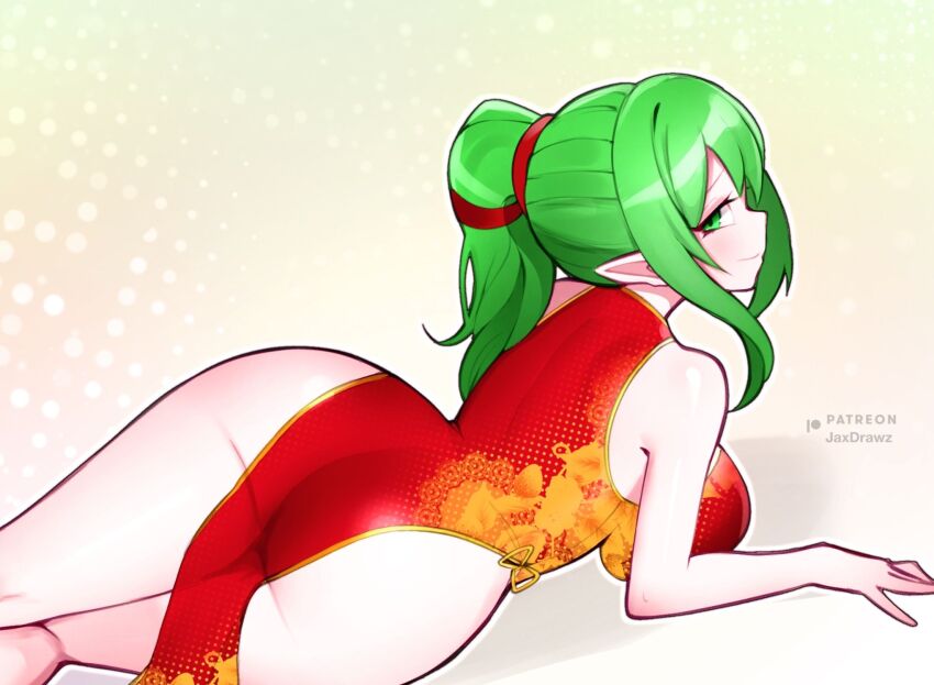 1girl ass ass_focus breasts china_dress chinese_clothes closed_mouth dress elf fire_emblem fire_emblem_awakening green_eyes green_hair highleg highleg_dress highres jaxdrawz large_breasts long_hair looking_at_viewer nintendo pelvic_curtain pointy_ears sleeveless sleeveless_turtleneck sleeveless_turtleneck_dress smile solo tiki_(adult)_(fire_emblem) tiki_(fire_emblem) turtleneck