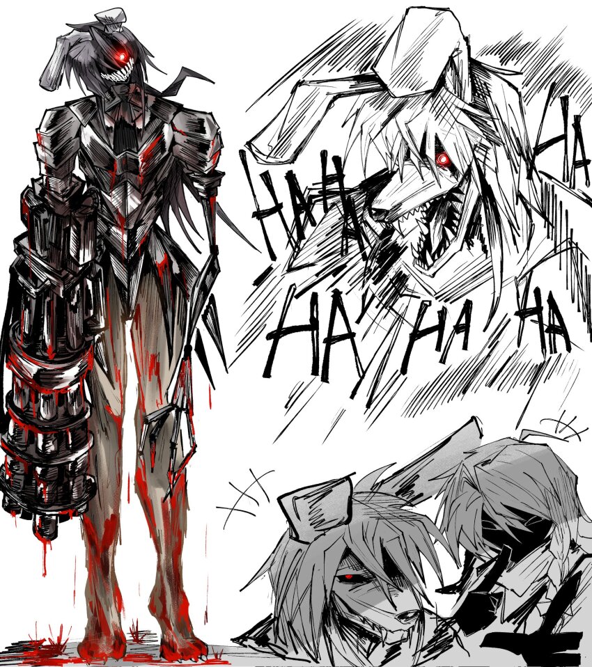 2girls 3rdeye_suki animal_ears arm_cannon armor blood blood_drip blood_on_arm blood_on_armor blood_on_hands blood_on_leg bloody_weapon bow braid crazy_laugh evil_smile fangs finger_to_mouth gatling_gun glowing glowing_eyes greyscale hair_between_eyes hair_bow hatching_(texture) highres kirisame_marisa long_hair looking_at_viewer minigun monochrome monster_girl multiple_girls multiple_views rabbit_ears rabbit_girl red_eyes reisen_udongein_inaba shaded_face sharp_teeth side_braid simple_background single_braid skeletal_arm skeletal_hand smile standing teeth touhou touhou_igyoukyo variant_marisa variant_reisen weapon white_background