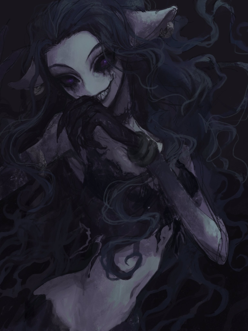 1girl animal_ears bangle black_background black_hair black_sclera bracelet claws colored_extremities colored_sclera colored_skin ear_piercing grey_skin grin hand_up highres identity_v jewelry jiz_(pffbq) long_hair looking_at_viewer monster_girl piercing purple_eyes sharp_teeth skinny sleeveless smile teeth upper_body very_long_hair yidhra_(identity_v)