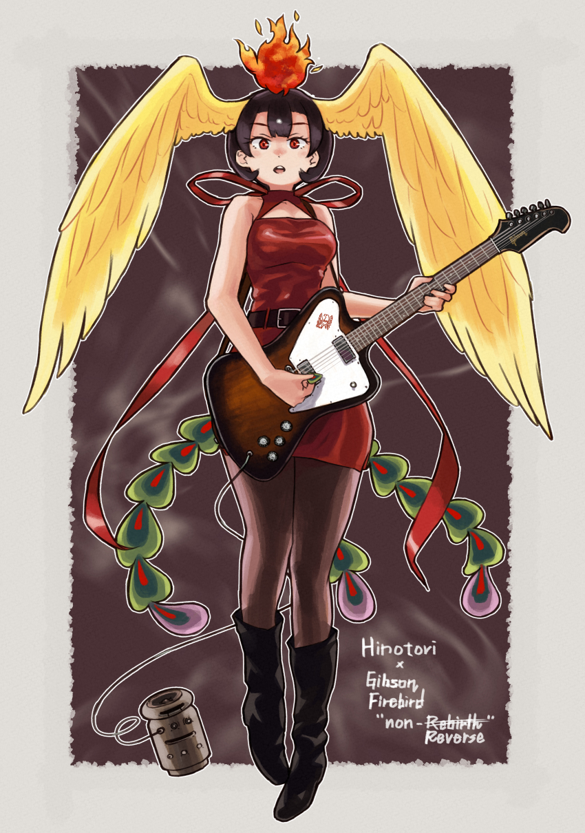 1girl absurdres belt black_boots black_hair boots dress guitar hair_ornament hi_no_tori_(kemono_friends) highres instrument kemono_friends kemono_friends_3 long_hair looking_at_viewer open_mouth pantyhose red_dress red_eyes ribbon simple_background solo tail toriny wings