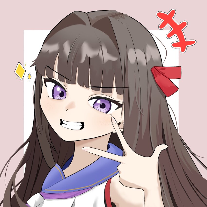 +++ 1girl :d assault_lily blue_sailor_collar blunt_bangs border brown_border brown_hair commentary grin hair_intakes hair_ribbon hand_up highres kozue_west light_blush long_hair looking_at_viewer looking_to_the_side neckerchief odaiba_girls_high_school_uniform open_mouth outside_border portrait purple_eyes purple_neckerchief red_ribbon ribbon sailor_collar school_uniform serafuku shirt simple_background sleeveless sleeveless_shirt smile solo sparkle v-shaped_eyebrows w washi-san white_background white_shirt
