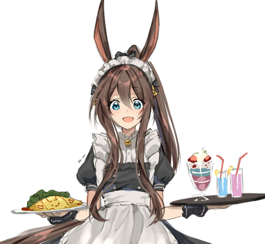 1girl alternate_costume amiya_(arknights) animal_ears apron arknights artist_name black_dress blue_eyes brown_hair commentary commentary_request cowboy_shot dress drinking_straw english_commentary enmaided female_focus food glass hair_between_eyes highres holding holding_plate ku-ini long_hair looking_at_viewer maid maid_headdress omelet omurice open_mouth parfait partially_translated plate ponytail rabbit_ears rabbit_girl short_hair sidelocks simple_background smile solo translation_request very_long_hair waist_apron white_background