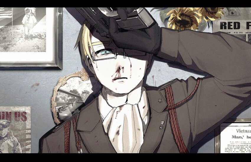 1boy america_(hetalia) american_flag ascot axis_powers_hetalia black_border black_gloves blonde_hair blood blood_on_clothes blood_on_face blue_eyes border brown_jacket commentary desert_eagle english_commentary english_text flower glasses gloves gun handgun hat highres holding holding_gun holding_weapon jacket lapels long_sleeves looking_at_viewer male_focus military_hat military_jacket military_uniform military_vehicle moon motor_vehicle nosebleed open_mouth pcpc_onaka picture_frame poster_(object) semi-rimless_eyewear shadow shirt short_hair solo space spacesuit star_(symbol) sunflower tank upper_body weapon white-framed_eyewear white_ascot white_shirt yellow_flower