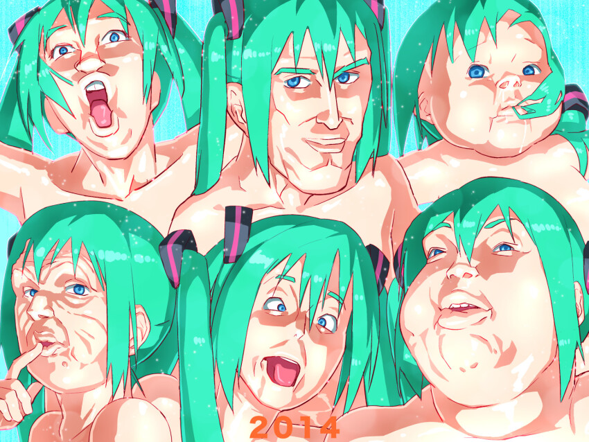1girl 2014 blue_background blue_eyes blue_hair closed_mouth collarbone commentary_request cross-eyed multiple_expressions finger_to_mouth hair_between_eyes hair_ornament hatsune_miku highres lips long_bangs looking_at_viewer man_face open_mouth otoi_rekomaru parody_request sidelocks teeth twintails upper_body upper_teeth_only vocaloid