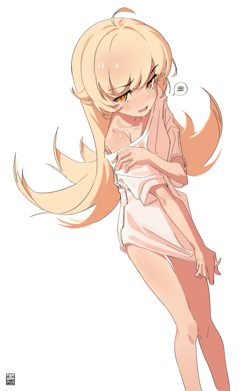 1girl absurdres blonde_hair bottomless covering_privates fang highres kwms long_hair monogatari_(series) oshino_shinobu shirt single_bare_shoulder solo speech_bubble white_shirt yellow_eyes