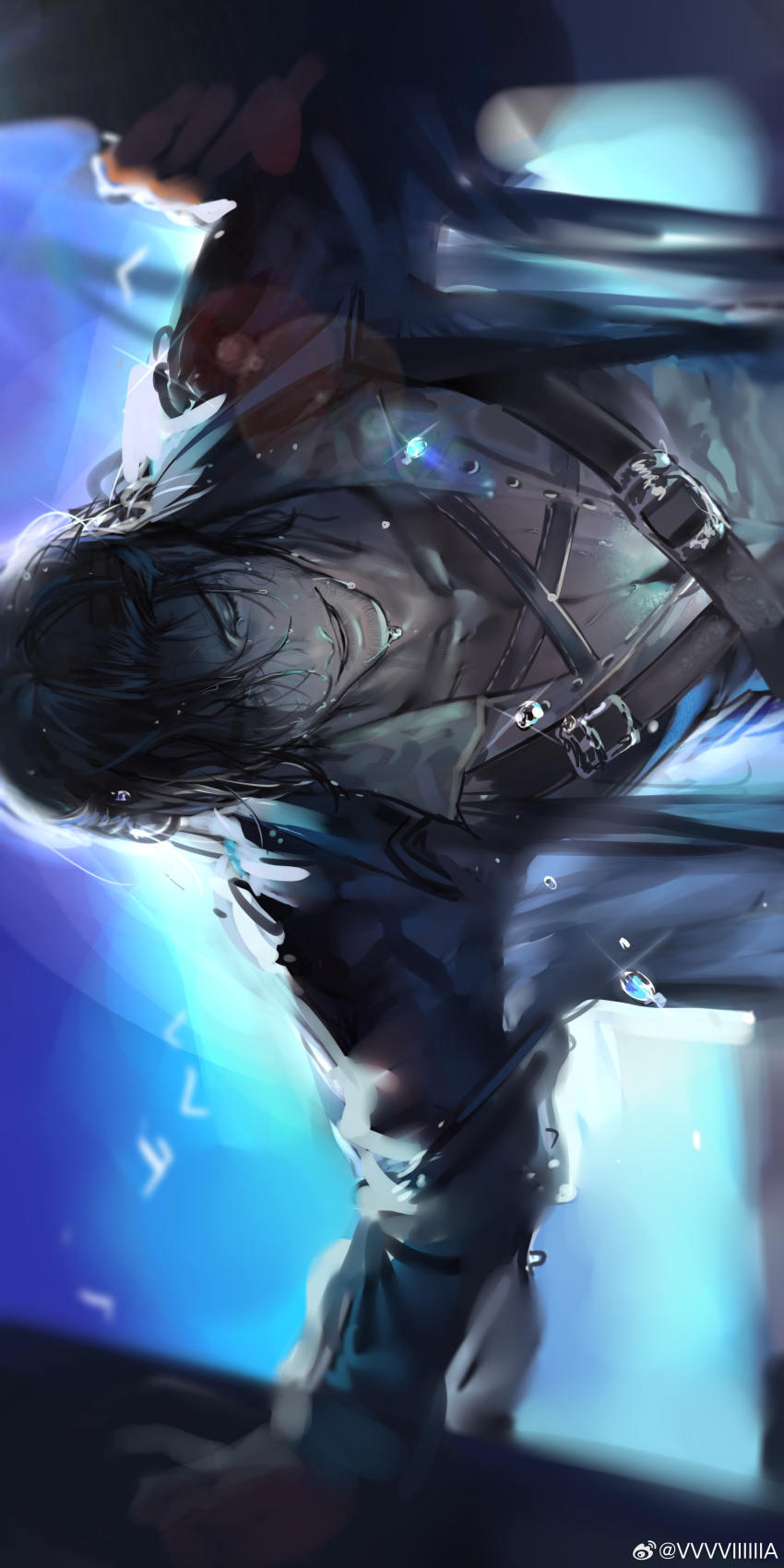 1boy absurdres adventurer_(ff14) bara beard_stubble black_hair eboda-x facial_hair final_fantasy final_fantasy_xiv highres hyur long_hair male_focus mature_male muscular muscular_male mustache_stubble scar shirt smile stubble upper_body warrior_of_light_(ff14) wet wet_clothes wet_hair