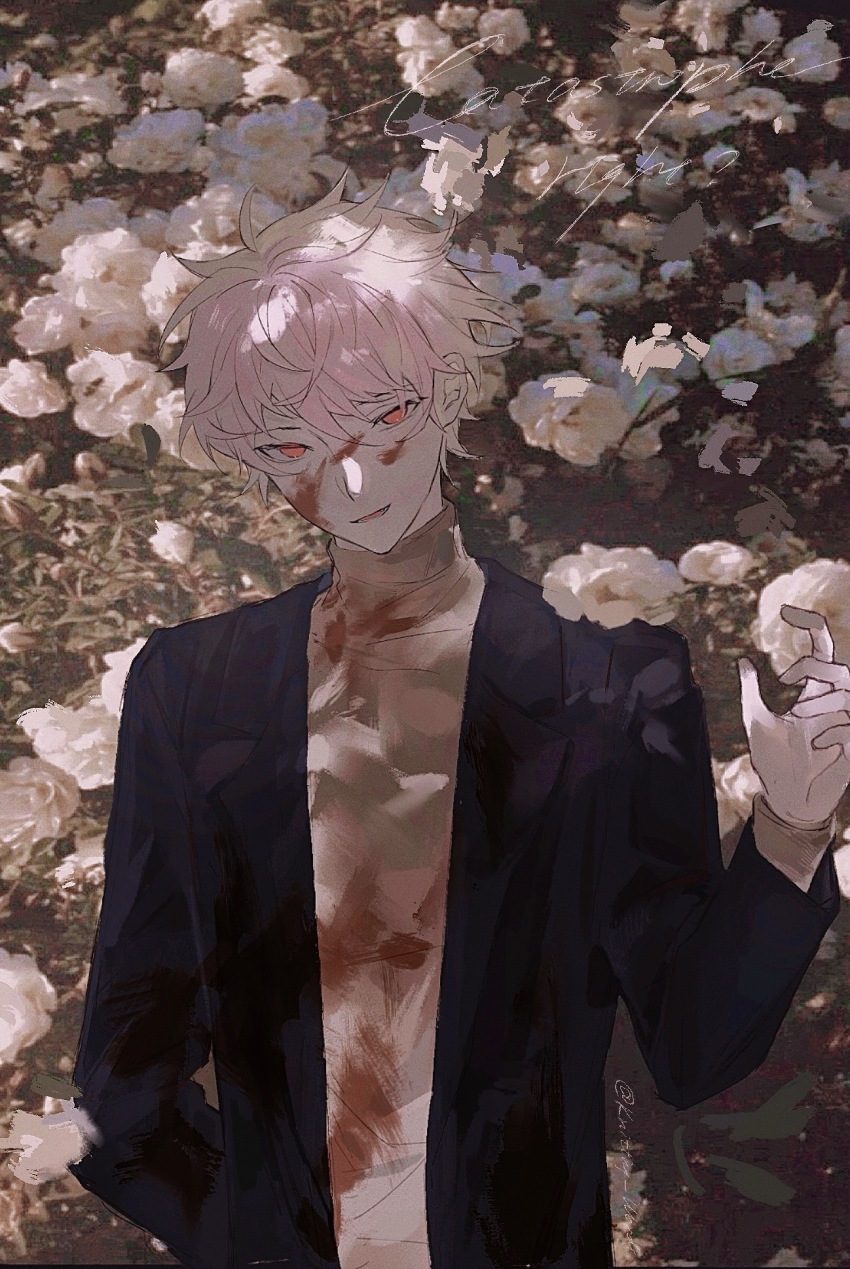1boy atou_haruki black_jacket blonde_hair blood blood_on_clothes blood_on_face brown_sweater chinese_commentary commentary_request film_grain hand_up highres jacket long_sleeves looking_at_viewer male_focus multicolored_hair open_clothes open_jacket open_mouth photo_background pink_hair red_eyes saibou_shinkyoku smile solo spoilers sweater turtleneck turtleneck_sweater two-tone_hair upper_body zhiyanpianyu55126