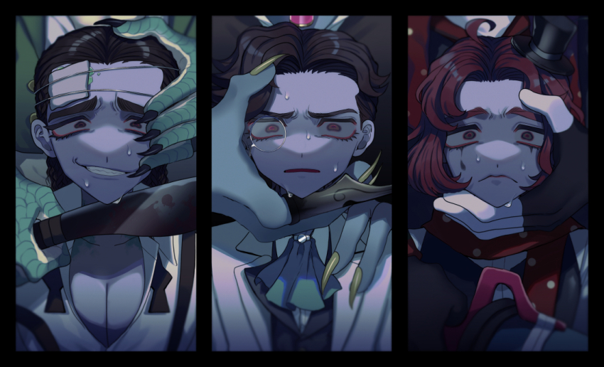 6+boys ahoge ascot at_knifepoint black_border black_gloves black_hair black_headwear black_vest blade_to_throat border bowtie braid brown_eyes brown_hair claw_ring claws closed_mouth collared_shirt colored_skin column_lineup dual_persona fingerless_gloves fingernails gauze gloves green_ascot green_scales grey_eyes grey_skin grey_vest grin hair_slicked_back hand_on_another&#039;s_chin hand_on_another&#039;s_face hand_on_another&#039;s_shoulder hat head_out_of_frame holding holding_knife identity_v jacket joker_(identity_v) knife kukri lapels looking_at_viewer luchino_(identity_v) luchino_diruse male_focus mini_hat mini_top_hat monocle multiple_boys nervous_smile nightmare_(identity_v) notched_lapels orpheus_(identity_v) parted_bangs parted_lips pectoral_cleavage pectorals polka_dot polka_dot_scarf red_hair red_scarf reptile_boy scarf sharp_fingernails shirt short_hair smile straight-on suspenders sweatdrop tatoebata teardrop_facial_mark thick_eyebrows top_hat undone_bowtie upper_body vest weeping_clown_(identity_v) white_jacket white_shirt wide-eyed yellow_nails