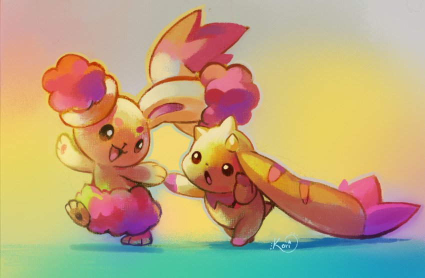 artist_name bright_pupils buneary commentary crossover digimon english_commentary gen_4_pokemon holding_hands koriarredondo lopmon nintendo pokemon pokemon_(creature) signature white_pupils