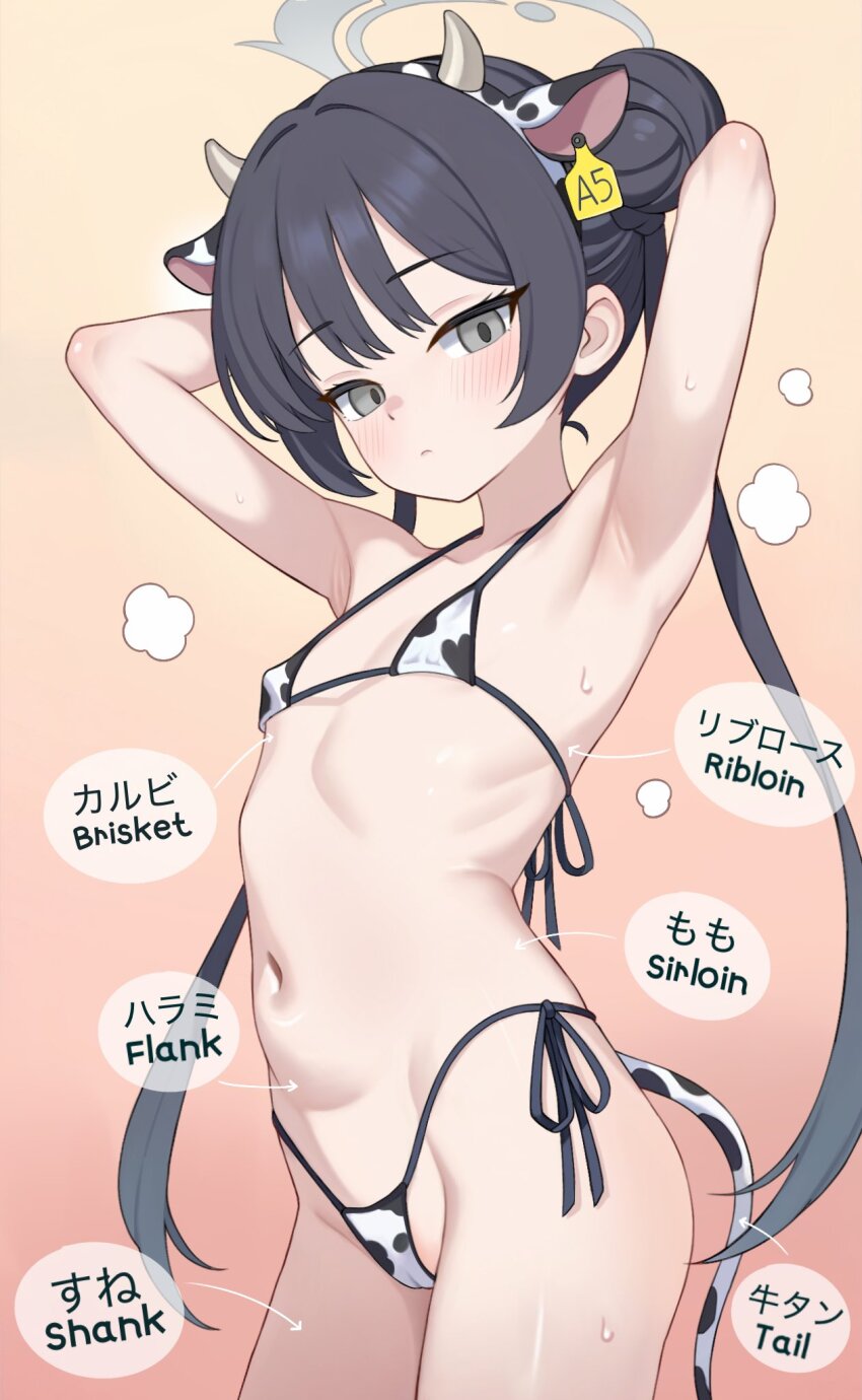 1girl animal_ears animal_print armpits bikini bilingual_text black_hair blue_archive cow_ears cow_horns cow_print cow_print_bikini cow_tail double_bun english_text flat_chest grey_eyes hair_bun halo highres horns kisaki_(blue_archive) loli long_hair looking_at_viewer mafunyo mixed-language_text navel print_bikini solo swimsuit tail twintails