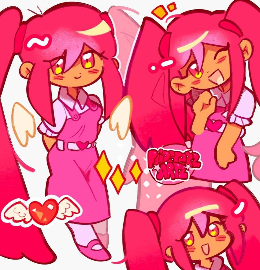 1girl :d ;d absurdly_long_hair angel_wings antenna_hair arms_behind_back blush_stickers breasts commentary cropped_torso dark-skinned_female dark_skin deformed diamond_(shape) dot_nose double-parted_bangs dress english_commentary flipsterzartz full_body hair_behind_ear hair_between_eyes hair_tie head_tilt heart heart_belt long_dress long_hair looking_at_viewer multiple_views no_sclera omori one_eye_closed open_mouth pantyhose perfectheart_(omori) pinafore_dress pink_dress pink_eyes pink_hair pink_shoes shirt shoes short_sleeves sidelocks simple_background sleeveless sleeveless_dress small_breasts smile twintails very_long_hair watermark white_background white_pantyhose white_shirt white_wings wings
