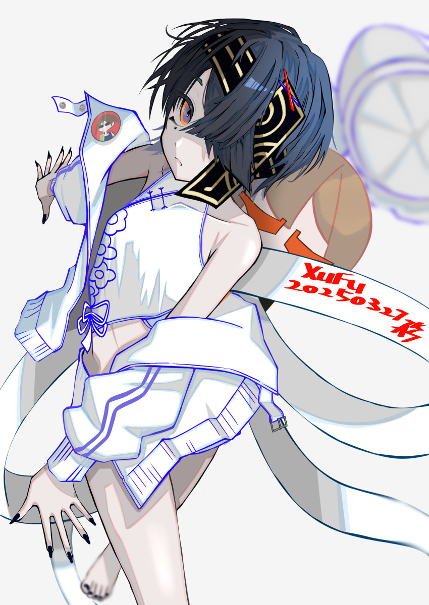 1girl absurdres aqua_bikini bare_legs bare_shoulders barefoot bikini black_hair black_nail black_ribbon black_toenails breasts brown_eyes character_doll coat doll dress fate/grand_order fate_(series) full_body hair_over_one_eye highres holding holding_doll lady_yu_doll long_sleeves looking_at_viewer mole mole_under_eye open_clothes open_coat ribbon short_hair simple_background small_breasts solo swimsuit thighs tsukaasa white_bikini xu_fu_(fate) xu_fu_(swimsuit_avenger)_(fate) xu_fu_(swimsuit_avenger)_(third_ascension)_(fate)