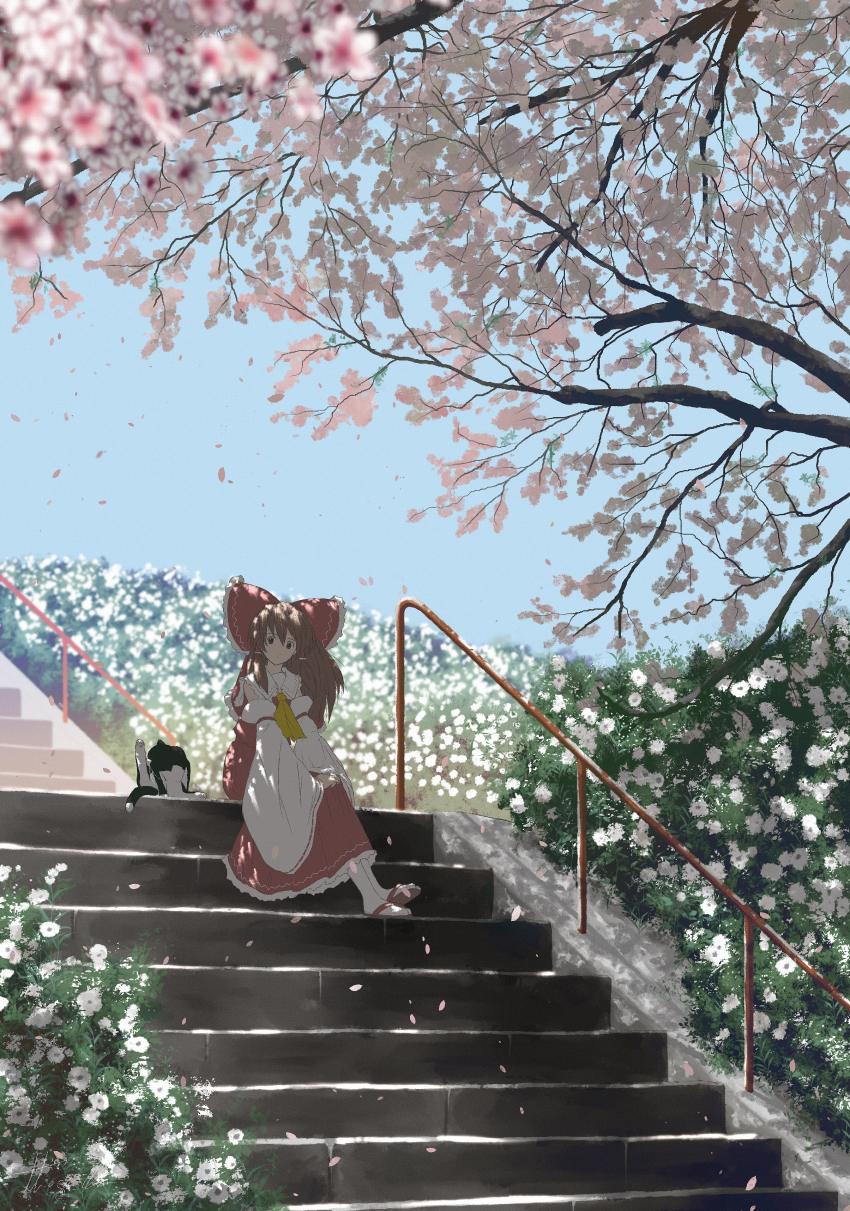 1girl absurdres animal blue_sky brown_hair bush cat cherry_blossoms commentary_request dappled_sunlight day detached_sleeves dress falling_petals flower hair_ribbon hakurei_reimu handrail highres licking long_hair long_skirt looking_at_viewer neckerchief oubachiago petals pink_flower procreate_(medium) red_dress ribbon sandals sitting skirt sky solo spring_(season) stairs stone_stairs sunlight touhou tree tree_shade white_flower wide_shot yellow_neckerchief