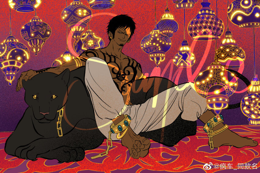 1boy animal anklet black_hair black_panther chest_tattoo earrings facial_hair fengcheche full_body goatee highres jewelry looking_at_viewer one_piece panther pants sample_watermark short_hair sideburns sitting smile tattoo topless_male trafalgar_law watermark weibo_watermark white_pants yellow_eyes