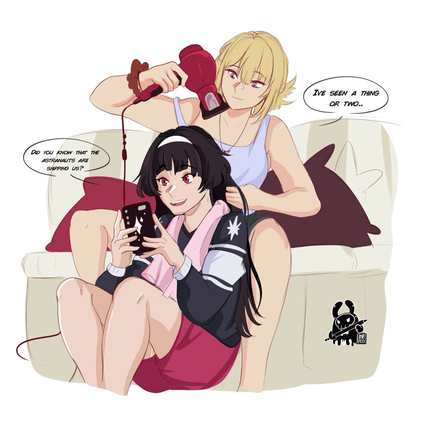 2girls artist_logo astra_yao between_legs black_hair black_shirt blonde_hair blue_tank_top cellphone commentary couch drying_another&#039;s_hair english_commentary english_text evelyn_chevalier hair_dryer hairband highres holding holding_hair_dryer holding_phone inkrred jewelry logo mole mole_under_eye multiple_girls necklace on_couch open_mouth phone purple_eyes red_eyes red_shorts shirt shorts sitting smartphone smile speech_bubble strap_slip tank_top towel towel_around_neck white_hairband yuri zenless_zone_zero