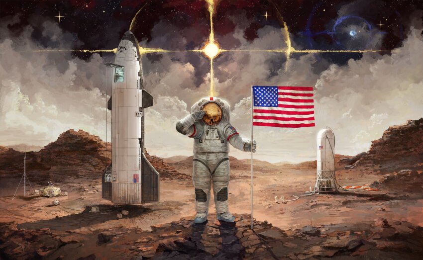 1other absurdres american_flag astronaut full_body highres hill mountainous_horizon original salute scenery solo space space_shuttle spacecraft star_(sky) whaleoil
