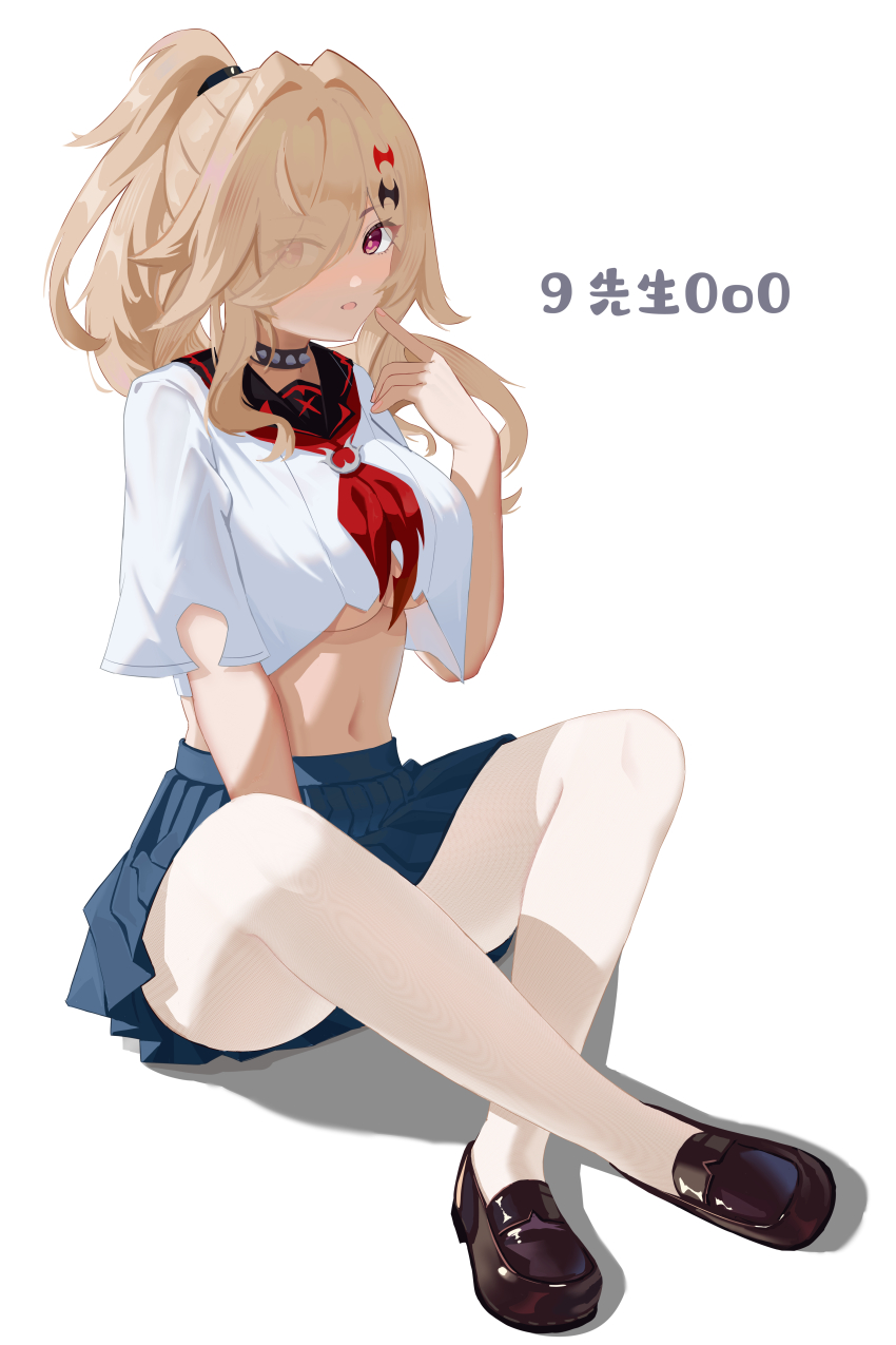 1girl 9_xiansheng_0o0 absurdres black_choker blonde_hair breasts chenxue_(astralop) chenxue_(honkai_impact) choker hair_ornament hair_over_one_eye hairpin hand_up highres honkai_(series) honkai_impact_3rd large_breasts long_bangs long_hair looking_at_viewer open_mouth pantyhose red_eyes shirt short_sleeves simple_background white_background white_pantyhose