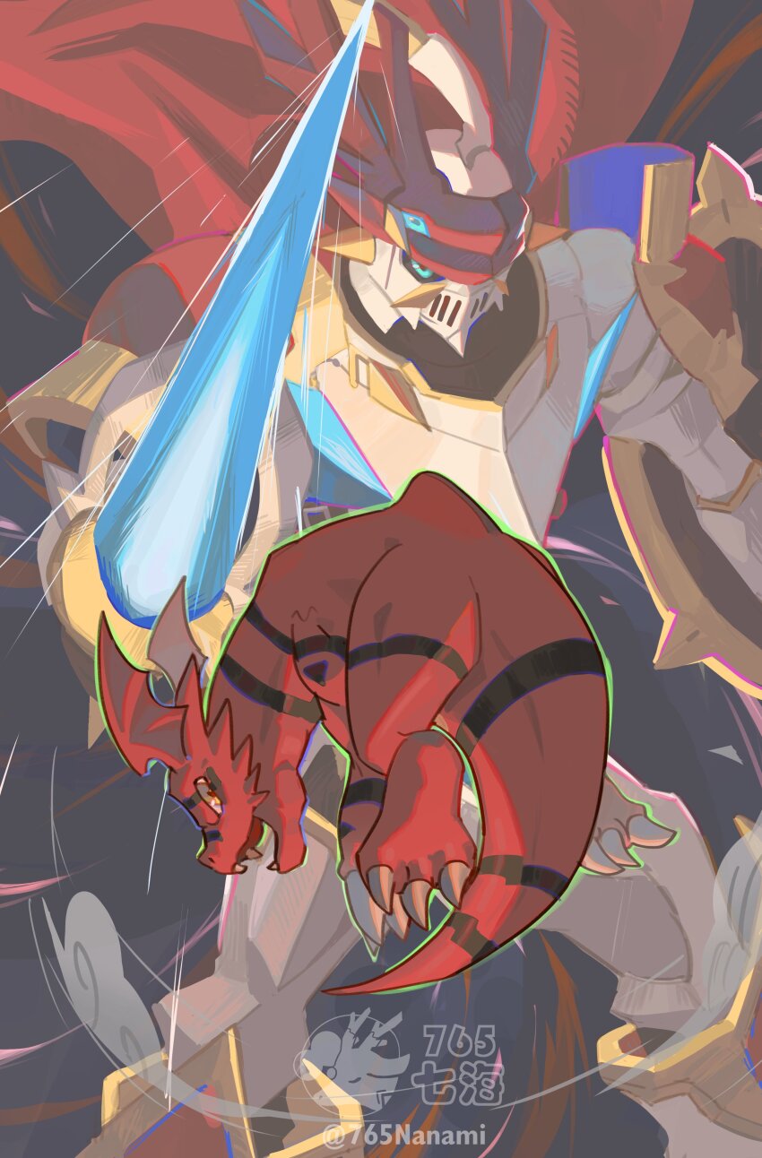 765_nanami absurdres armor artist_logo cape cowboy_shot digimon digimon_(creature) dinosaur dukemon dukemon_x-antibody energy_blade evolutionary_line guilmon highres holding holding_polearm holding_shield holding_weapon knight lance logo polearm red_cape red_scales shield solo twitter_username weapon white_armor