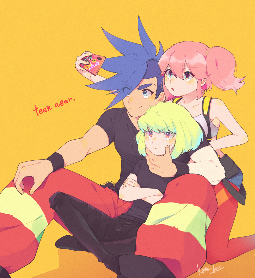 1girl 2boys :o :t absurdres aina_ardebit armband baggy_pants black_armband black_shirt blue_eyes blue_hair blush cellphone commentary_request crossed_arms english_text forced_smile frown galo_thymos green_hair hair_between_eyes hand_on_another&#039;s_face highres holding holding_phone indian_style kneeling kome_1022 leather light_frown lio_fotia multicolored_eyes multiple_boys pants phone pink_eyes pink_hair ponytail promare selfie shirt short_hair short_hair_with_long_locks short_sleeves side_ponytail signature simple_background sitting smile spiked_hair sweatdrop taking_picture yellow_background