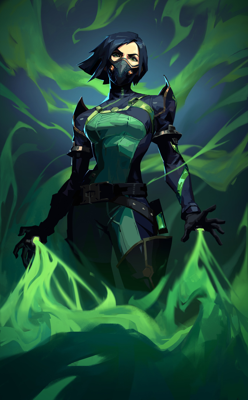 1girl absurdres belt black_belt black_boots black_gloves black_hair blue_bodysuit bodysuit boots breasts cowboy_shot gloves gradient_background green_background green_eyes grey_background highres long_sleeves looking_at_viewer mask medium_breasts respirator short_hair smog snatti solo thigh_boots thighhighs valorant viper_(valorant) white_bodysuit