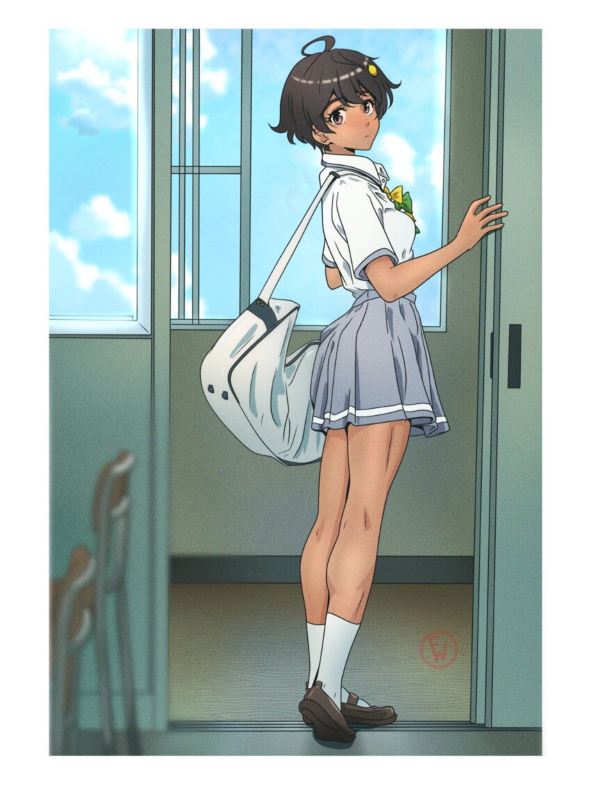 1girl absurdres ahoge artist_logo bag black_hair blurry blurry_foreground border bow bowtie breasts brown_shoes chair closed_mouth collared_shirt commentary dark-skinned_female dark_skin day duffel_bag english_commentary expressionless food-themed_hair_ornament fritz_willie green_bow green_bowtie grey_skirt hair_ornament heel_up highres indoors lemon_hair_ornament logo looking_at_viewer make_heroine_ga_oo_sugiru! mary_janes medium_breasts photo-referenced pleated_skirt purple_eyes school_chair school_uniform shirt shirt_tucked_in shoes short_hair short_sleeves skirt solo standing white_border white_shirt window yakishio_lemon yellow_bow yellow_bowtie