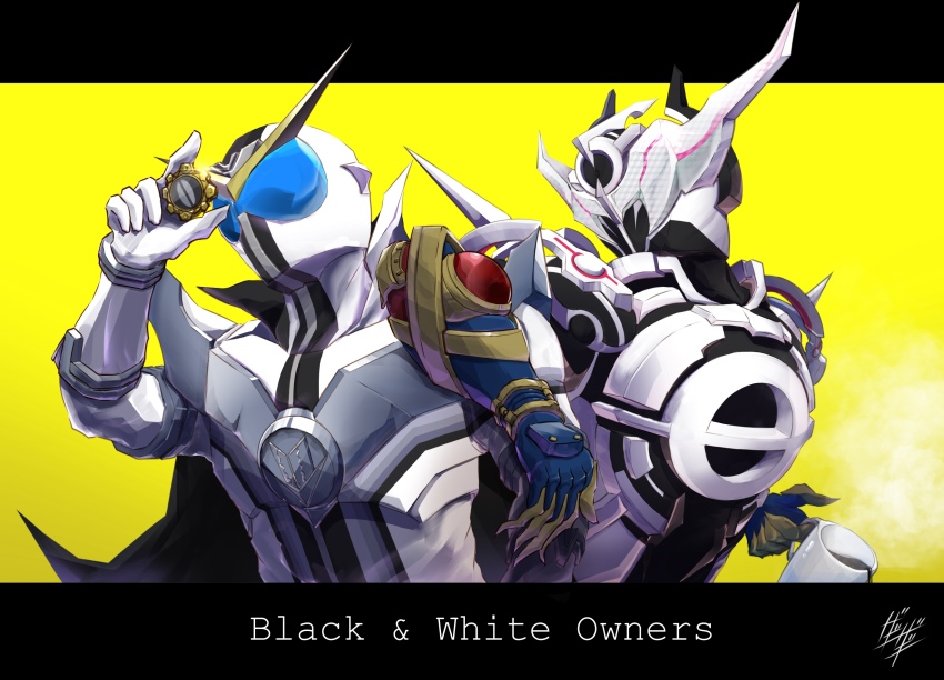 2boys arm_on_another&#039;s_shoulder arm_up avataro_sentai_donbrothers character_request chinese_commentary commentary_request english_text evol_blackhole highres holding kamen_rider kamen_rider_build_(series) kamen_rider_evol letterboxed logo multiple_boys outside_border simple_background super_sentai tagme upper_body yellow_background zagizagi zenkaizer_black