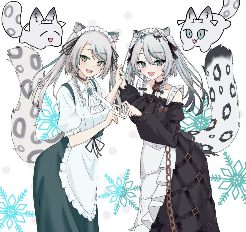 animal_ears bad_tag black_sky braided_sidelocks cake cheek_rest cross-laced_clothes cross-laced_sleeves dessert food freedomman_hero frilled_straps fuzzy_clothes grey_nails grey_tail highres hinamori_anthea holding holding_saucer indie indie_virtual_youtuber leopard_ears leopard_tail maid nata_(tool) red_pupils saucer sky snow_leopard_tail strawberry_shortcake tail teapot virtual wallpaper_(object)