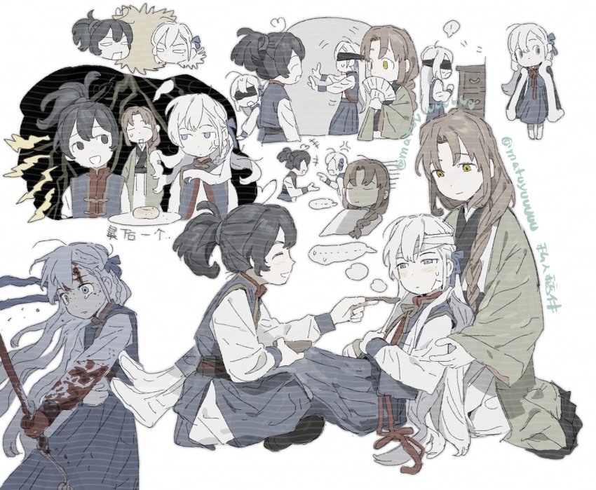 3girls bijia black_hair blood blood_on_clothes blood_on_face blue_hanfu brown_hair cape chinese_clothes feeding folding_fan fur-trimmed_cape fur_trim green_eyes hand_fan hanfu highres long_hair ma_fu mandarin_collar multiple_girls multiple_views original ponytail spoon sword vest weapon white_hair zhijupao