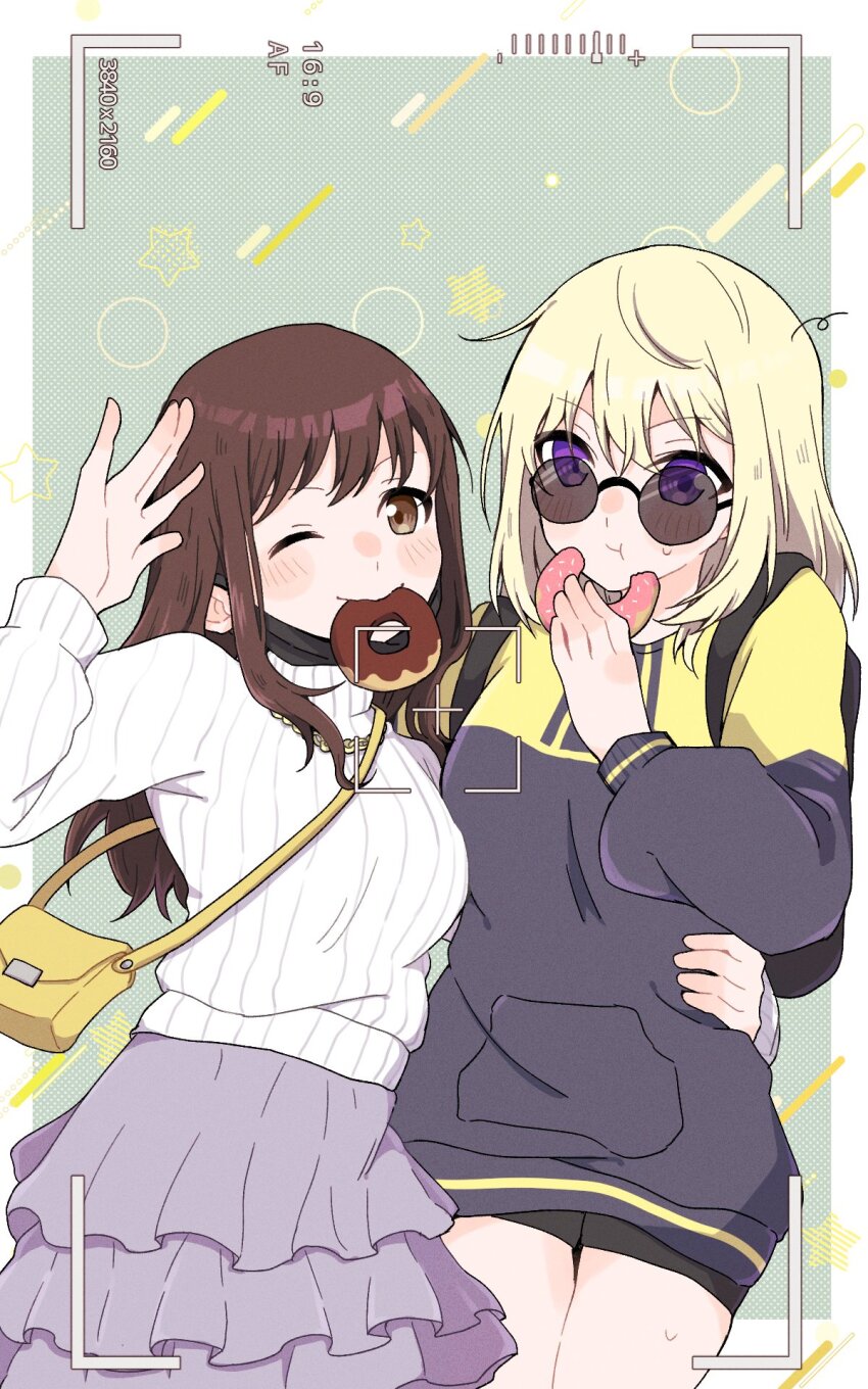 2girls bag bang_dream! bang_dream!_it&#039;s_mygo!!!!! black_shorts blonde_hair brown_eyes brown_hair chain chain_necklace donut dotted_background eating food food_in_mouth grey_skirt handbag hands_on_another&#039;s_waist highres holding holding_donut holding_food hug jacket jewelry long_hair mask mask_pull medium_hair messy_hair misumi_uika mouth_mask multiple_girls nago_(hasakimati) necklace one_eye_closed purple_eyes round_eyewear salute shorts skirt smile sumimi_(bang_dream!) sumita_mana sunglasses sweater turtleneck turtleneck_sweater viewfinder waist_hug white_sweater