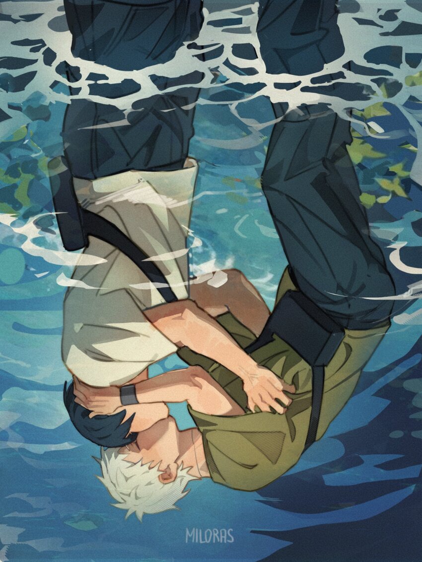 angrymiloras artist_name black_hair black_pants closed_mouth commentary crossbody_bag english_commentary french_kiss green_shirt highres hikaru_ga_shinda_natsu indou_hikaru kiss male_focus pants perversion_of_canon reflection reflection_focus shirt short_hair tsujinaka_yoshiki wading watch water white_hair white_shirt wristwatch yaoi