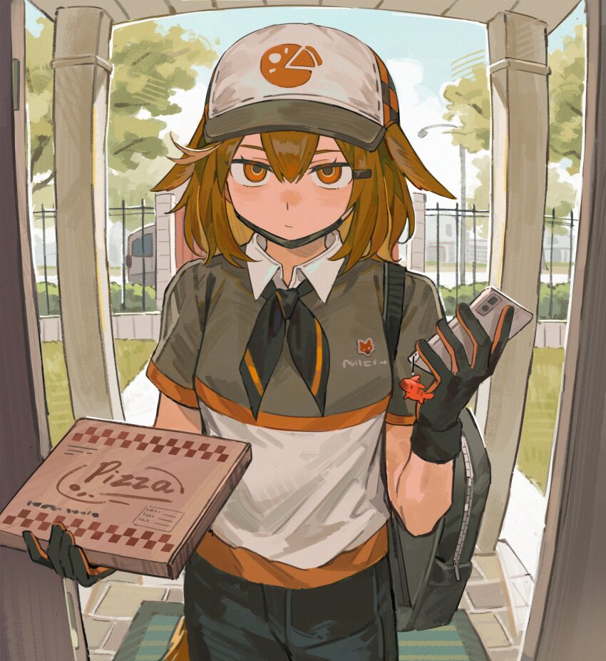 1girl absurdres animal_ears arknights black_gloves black_pants black_shirt brown_hair cellphone charm_(object) chinese_commentary closed_mouth collared_shirt commentary_request cowboy_shot crownslayer_(arknights) day doorway dopperu_ben fence fisheye gloves grey_hat grey_shirt hair_between_eyes hat highres holding holding_phone looking_at_viewer mask mouth_mask orange_eyes orange_gloves pants peaked_cap phone pizza_box shirt short_hair short_sleeves smartphone solo standing
