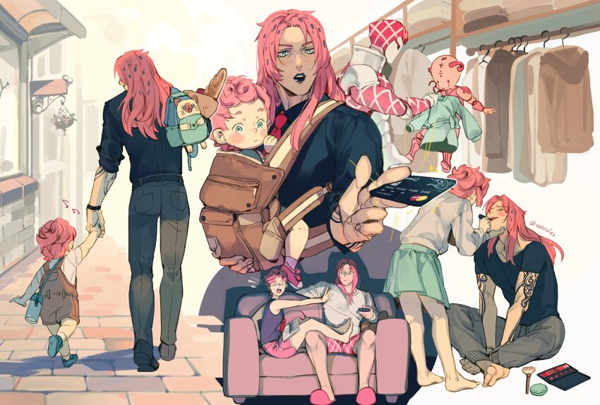 1boy 1girl arm_tattoo baby_carrier babywearing bag black_lips black_shirt blue_footwear book controller couch credit_card diavolo father_and_daughter green_skirt highres jojo_no_kimyou_na_bouken king_crimson_(stand) lipstick long_hair makeup mastercard music necktie on_couch open_book outdoors overalls pink_hair pink_shorts polka_dot_hair remote_control school_bag shirt shopping short_hair shorts signature singing sitting skirt slippers smile spice_girl_(stand) stand_(jojo) sweater tank_top tattoo toddler trish_una vento_aureo watching_television white_shirt worvies